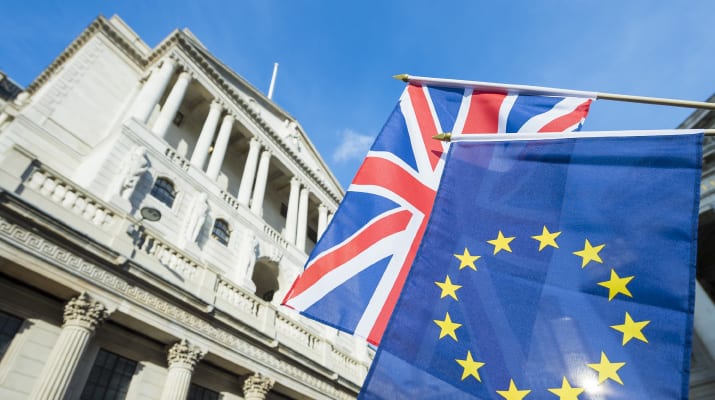 Bank with the Union Jack and Eu flags